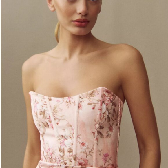 V. Chapman June Printed Corset Front-Slit Satin Gown - Peach Tapestry - Picture 2 of 5